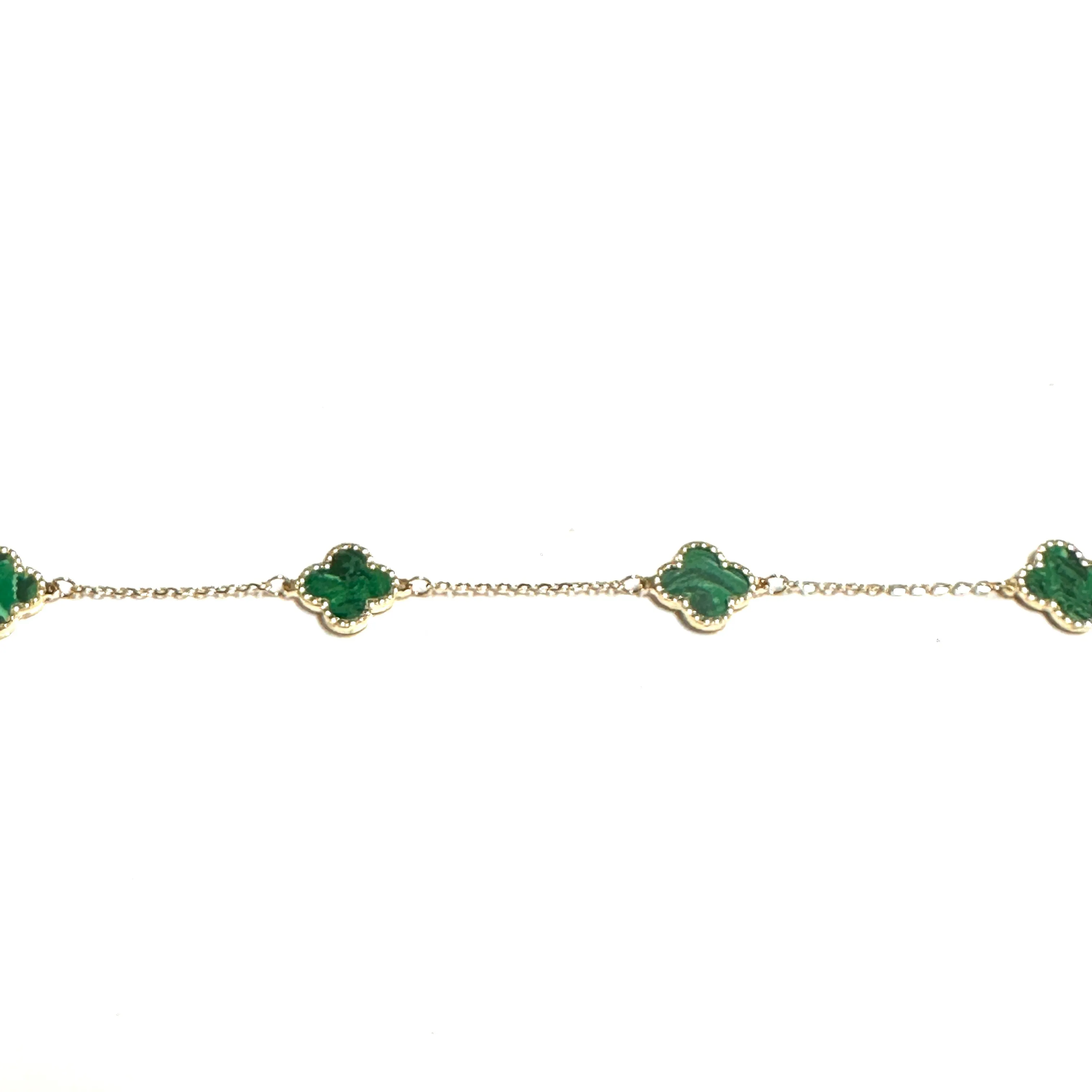 10K Yellow Gold (10mm) Designer Style Clover Beaded Edge Malachite Bracelet