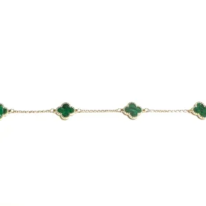 10K Yellow Gold (10mm) Designer Style Clover Beaded Edge Malachite Bracelet
