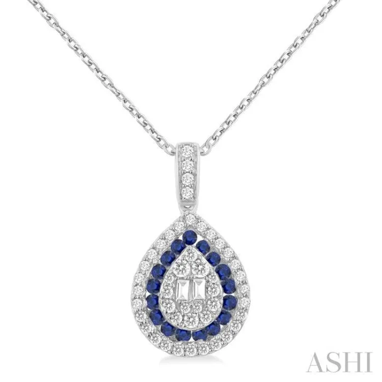 1.25 MM & 1.45 MM Pear Shape Sapphire and 1/4 ctw Baguette and Round Cut Diamond Precious Pendant With Chain in 14K White Gold