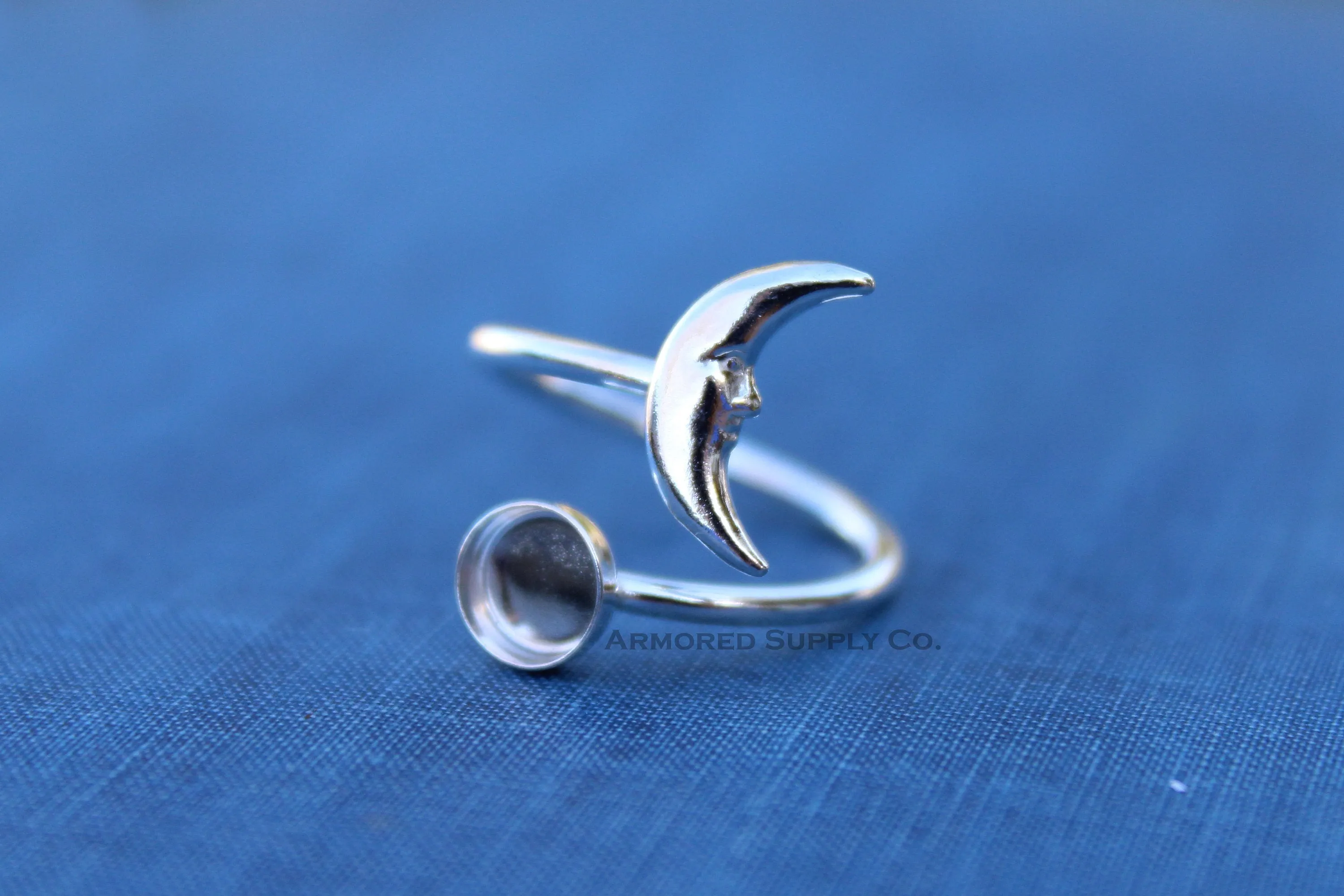 12mm Silver Crescent Moon Wrap Bypass Adjustable Ring blank