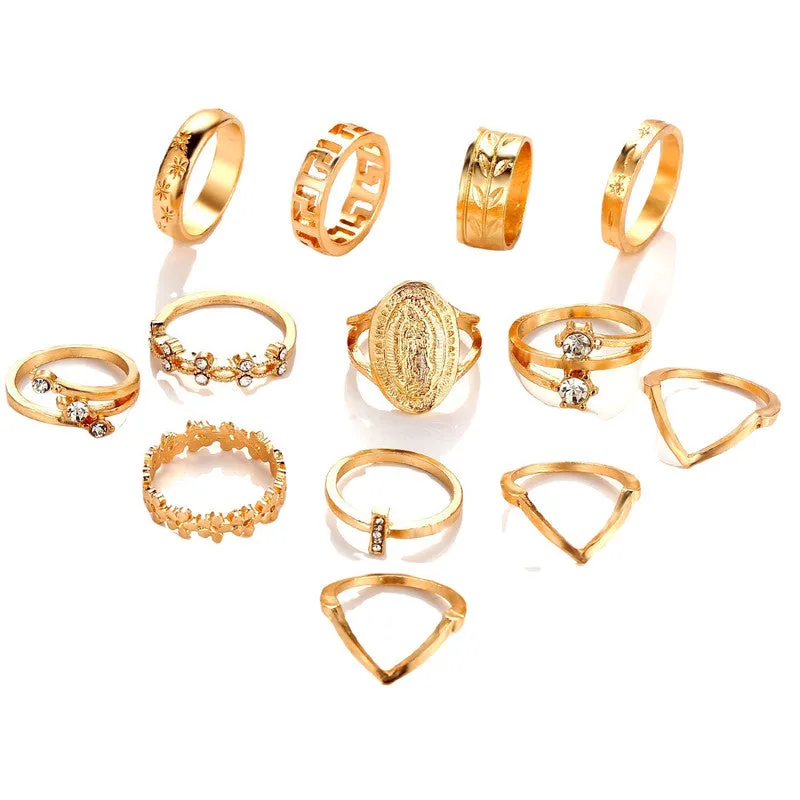 13 Piece Cross Border Studded Simple Pattern Stacked Ring Set