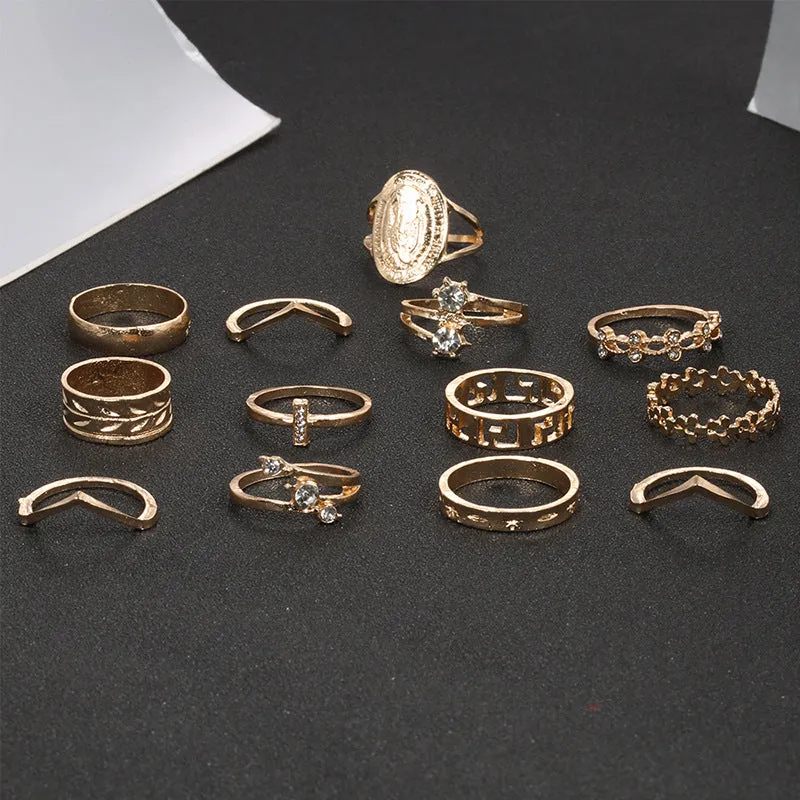 13 Piece Cross Border Studded Simple Pattern Stacked Ring Set