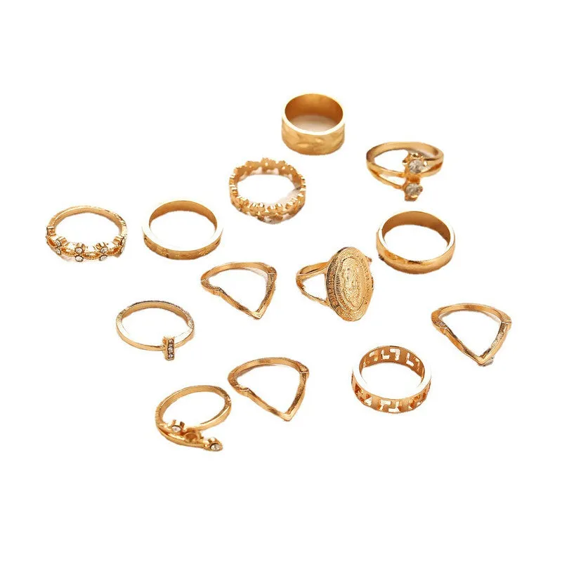 13 Piece Cross Border Studded Simple Pattern Stacked Ring Set