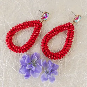 1306 - Beaded Hoop Earrings - Red