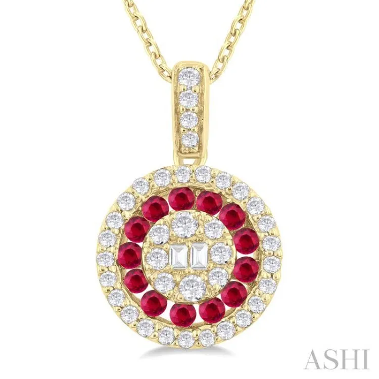 1.35 MM Round Shape Ruby and 1/4 ctw Baguette and Round Cut Diamond Precious Pendant With Chain in 14K Yellow Gold