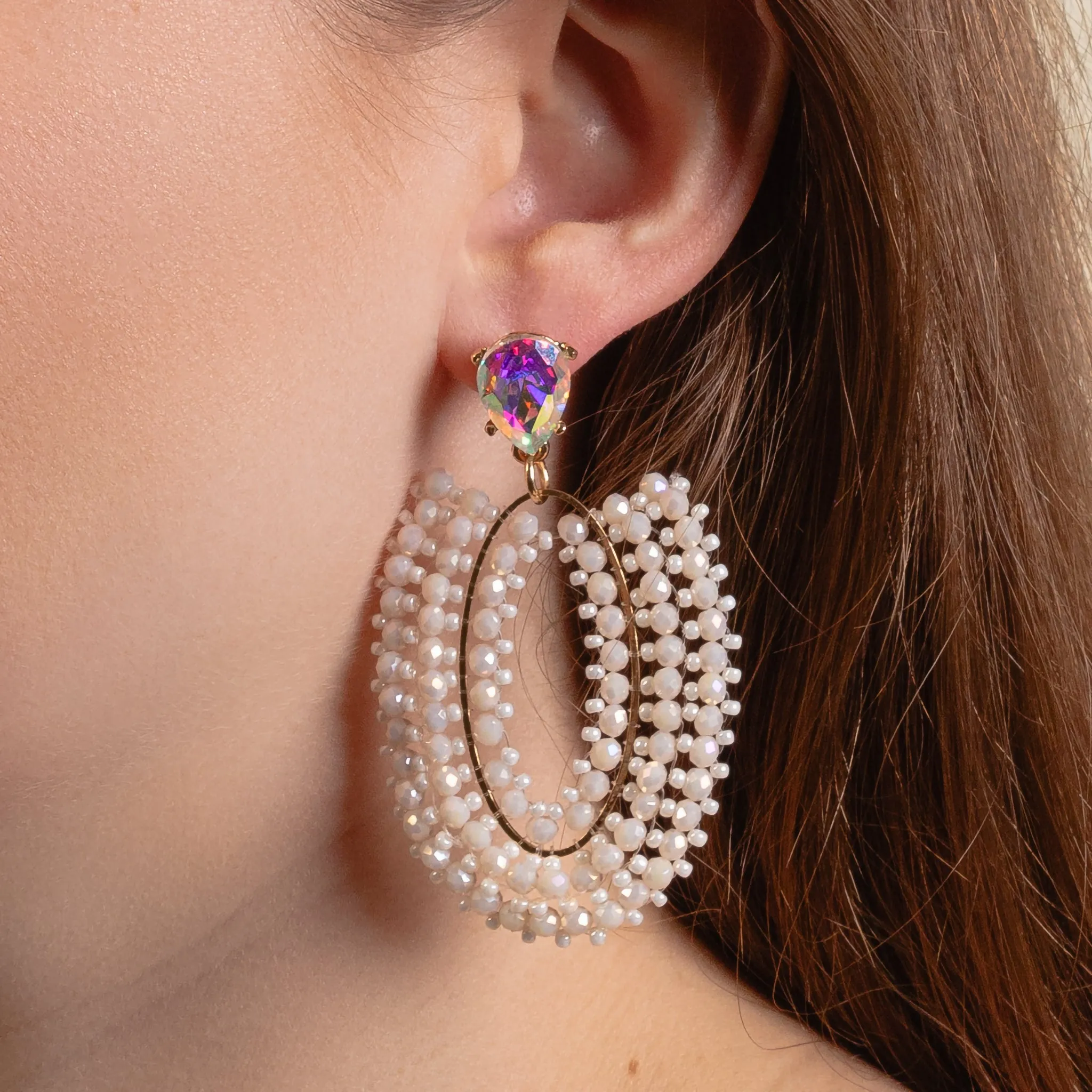 1375 - Beaded Drop Earrings - White