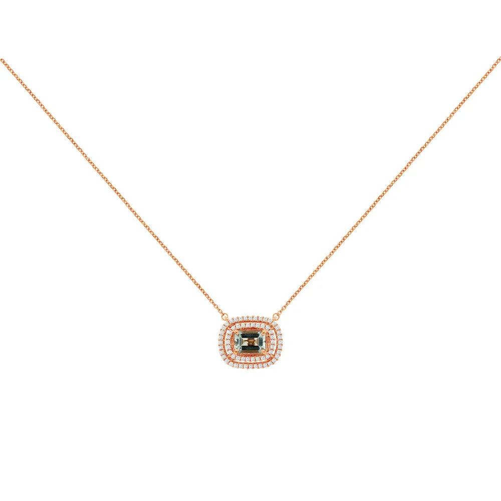14 Karat Rose Gold Double Halo Necklace With A Aquamarine & Diamonds