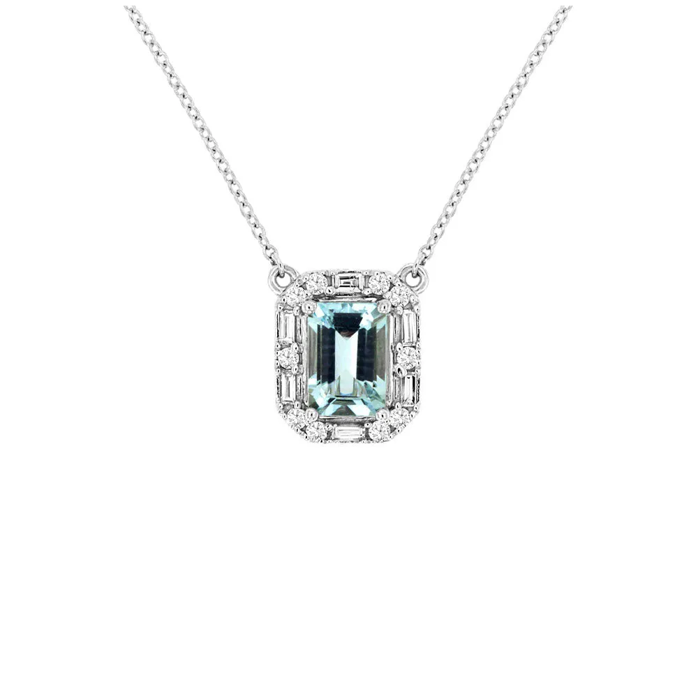 14 Karat White Gold Halo Necklace With A Aquamarine & Diamonds