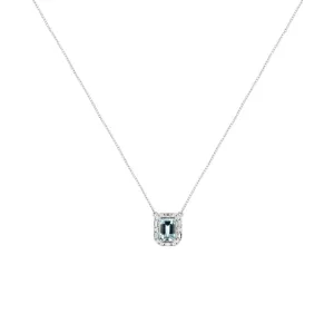 14 Karat White Gold Halo Necklace With A Aquamarine & Diamonds