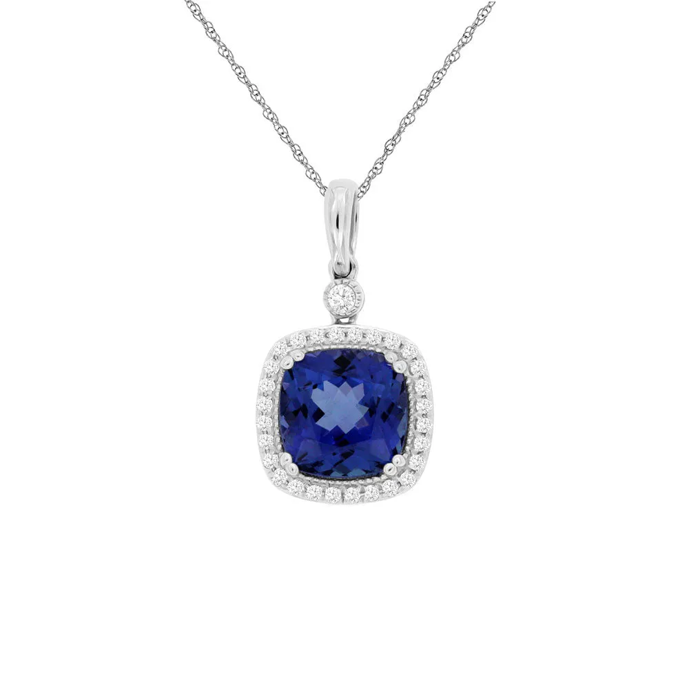 14 Karat White Gold Halo Necklace With A Tanzanite & Diamonds