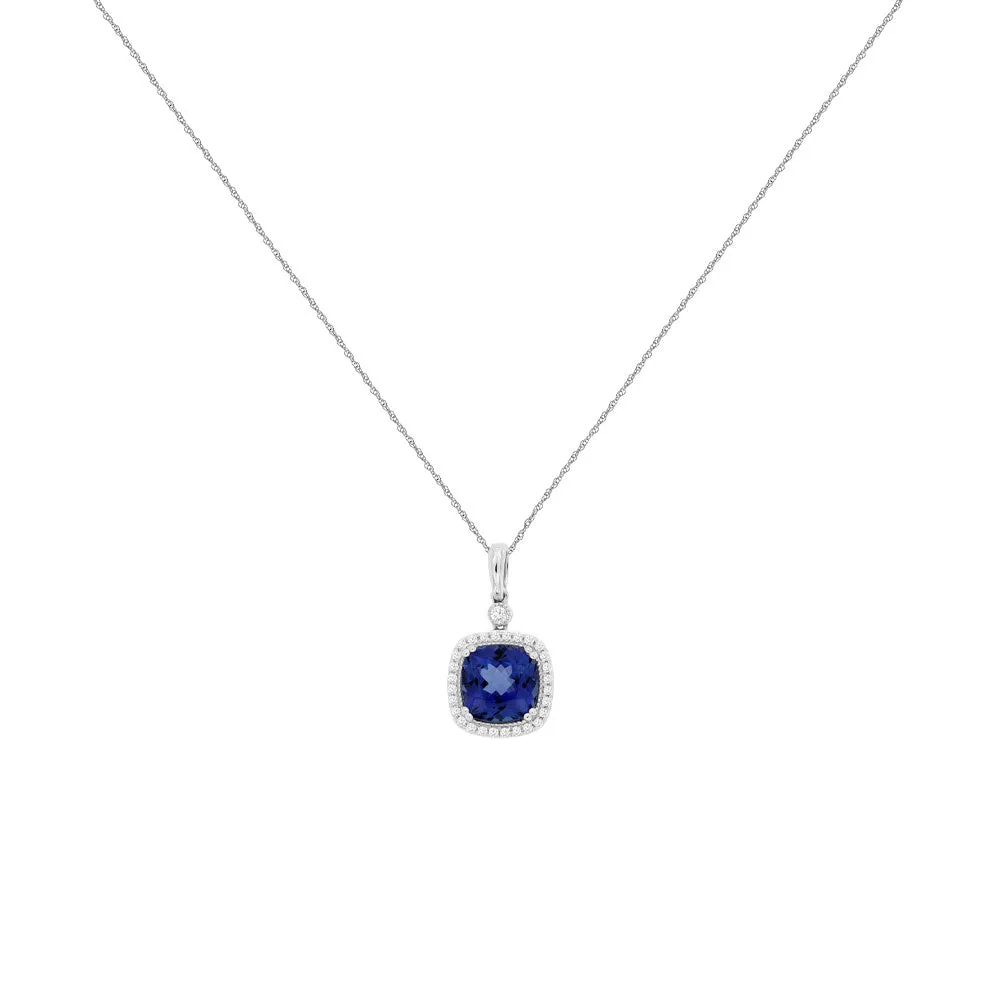 14 Karat White Gold Halo Necklace With A Tanzanite & Diamonds