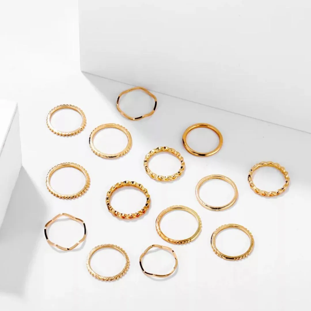 14 Piece Plain Chain Multi Designs Stacked Ring Set