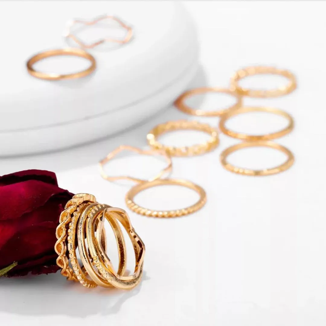 14 Piece Plain Chain Multi Designs Stacked Ring Set