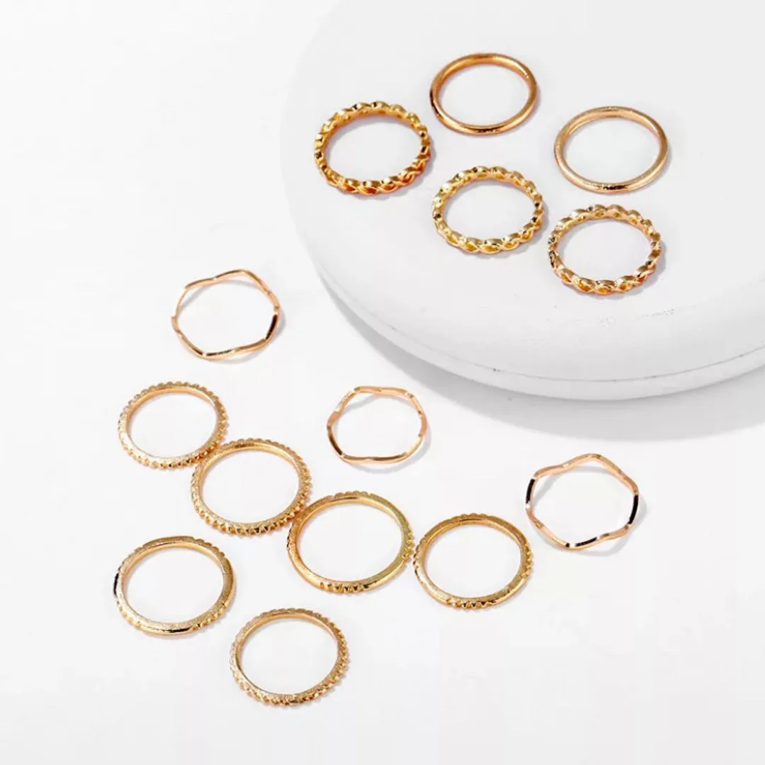 14 Piece Plain Chain Multi Designs Stacked Ring Set
