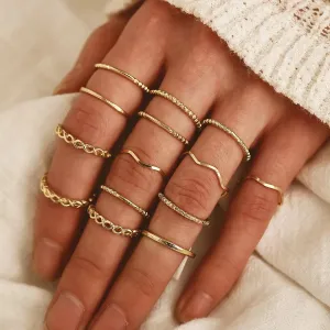 14 Piece Plain Chain Multi Designs Stacked Ring Set
