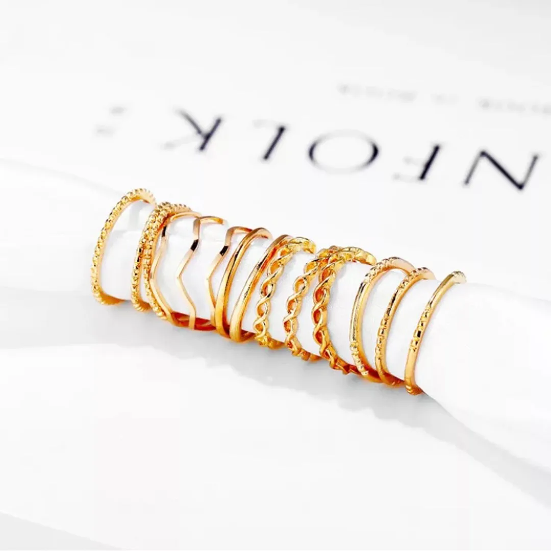 14 Piece Plain Chain Multi Designs Stacked Ring Set