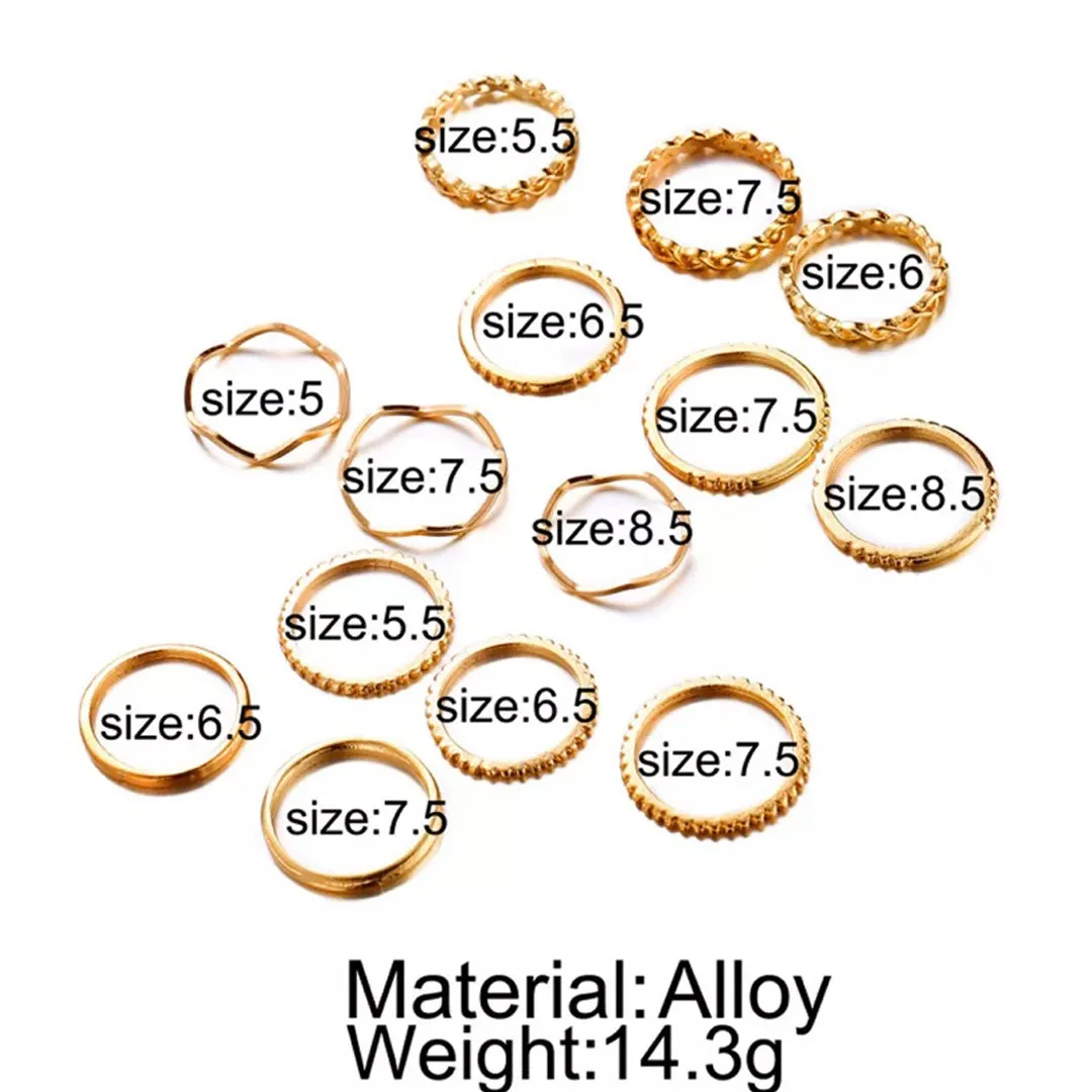 14 Piece Plain Chain Multi Designs Stacked Ring Set