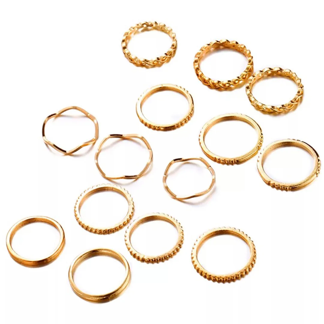 14 Piece Plain Chain Multi Designs Stacked Ring Set