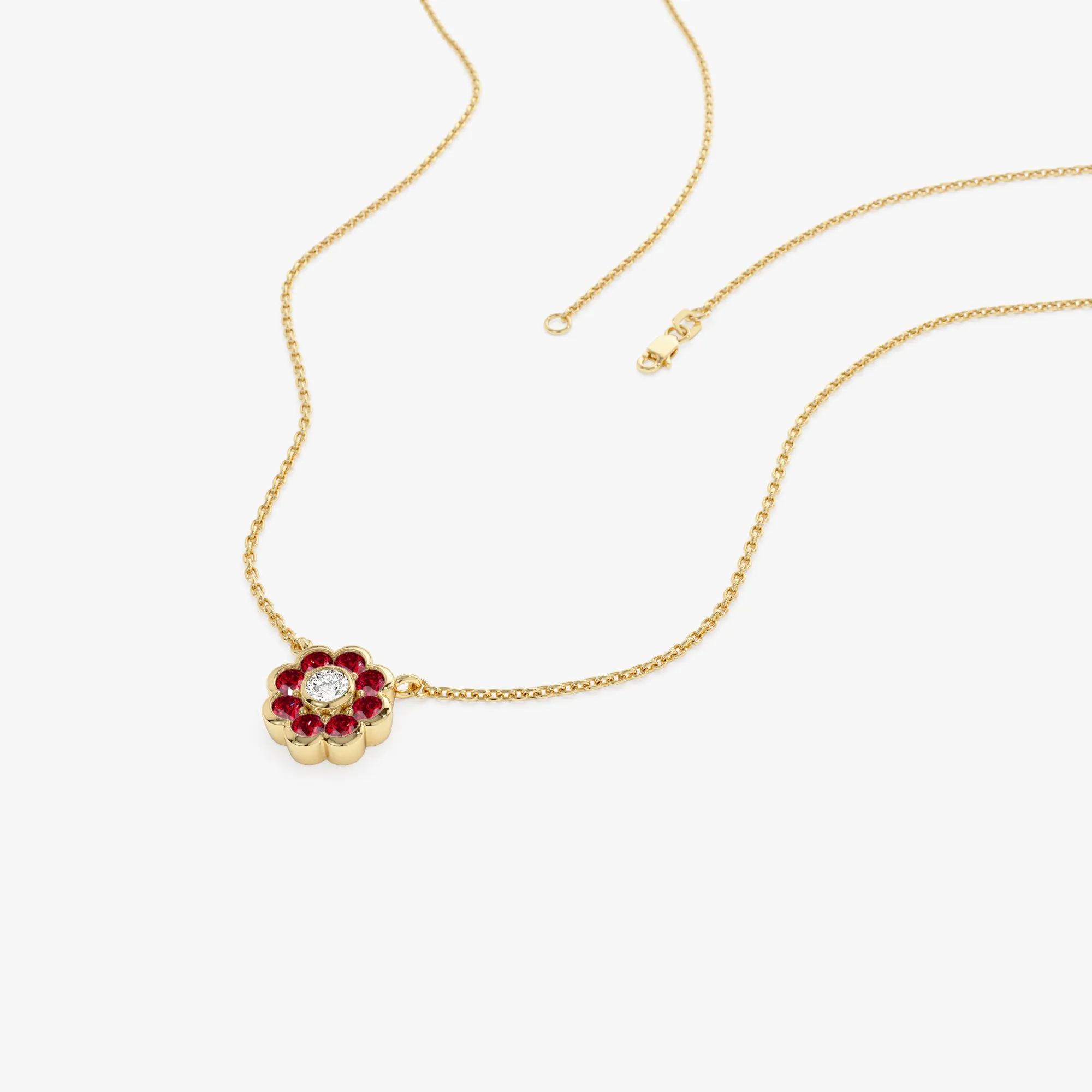 14K Bezel Setting Ruby Flower Diamond Necklace
