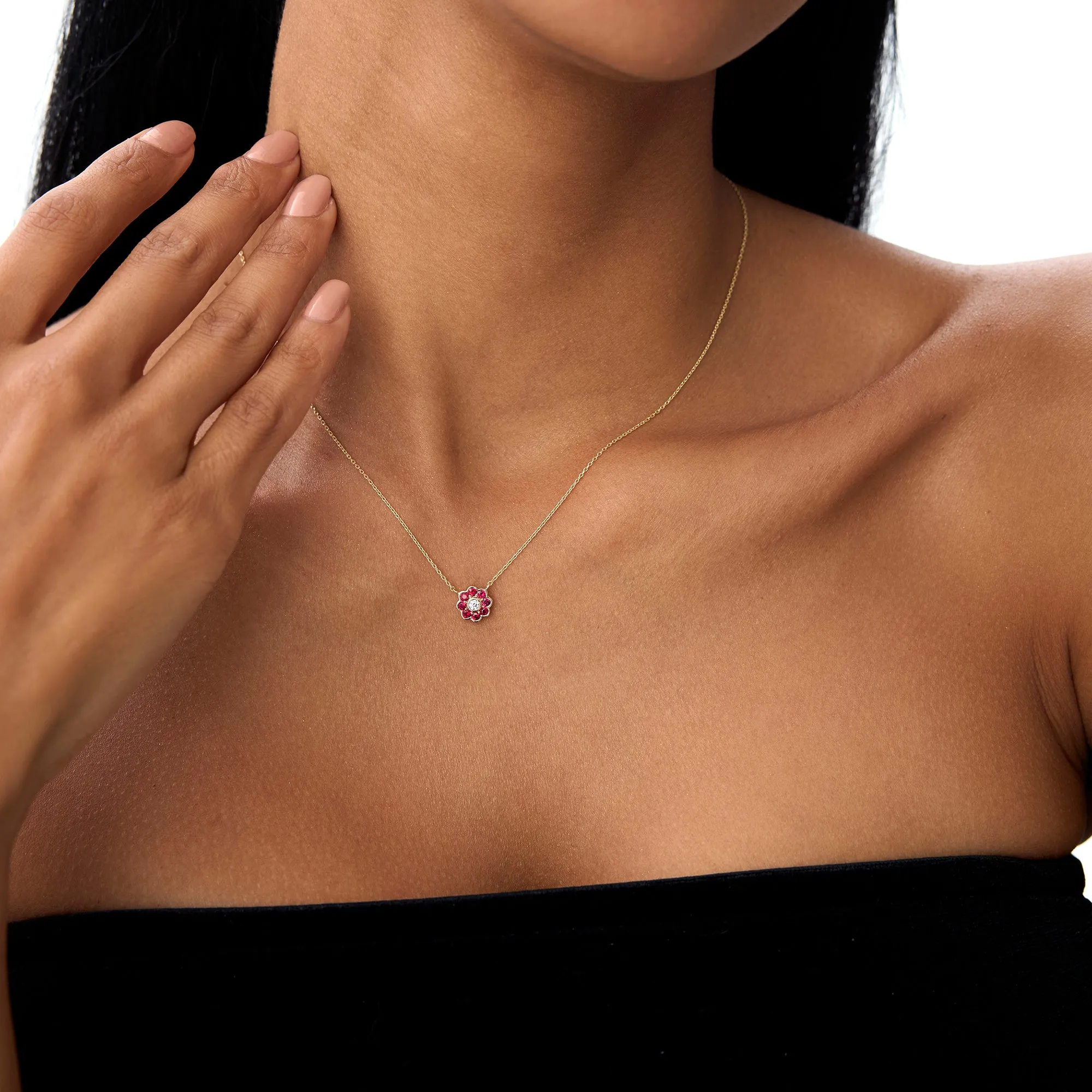 14K Bezel Setting Ruby Flower Diamond Necklace