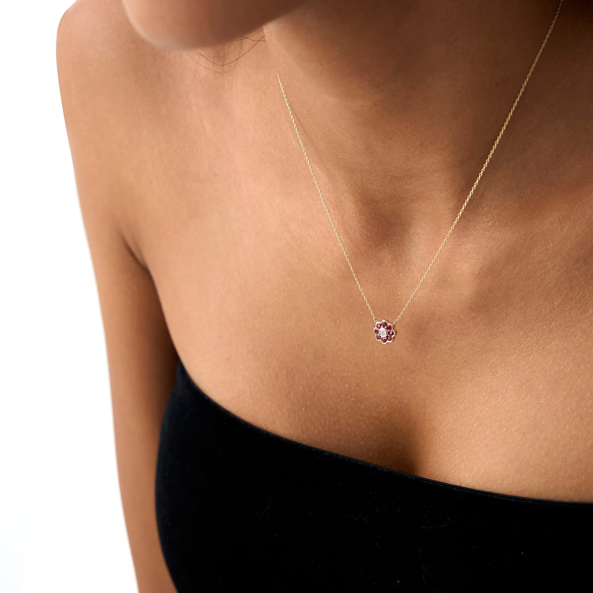 14K Bezel Setting Ruby Flower Diamond Necklace