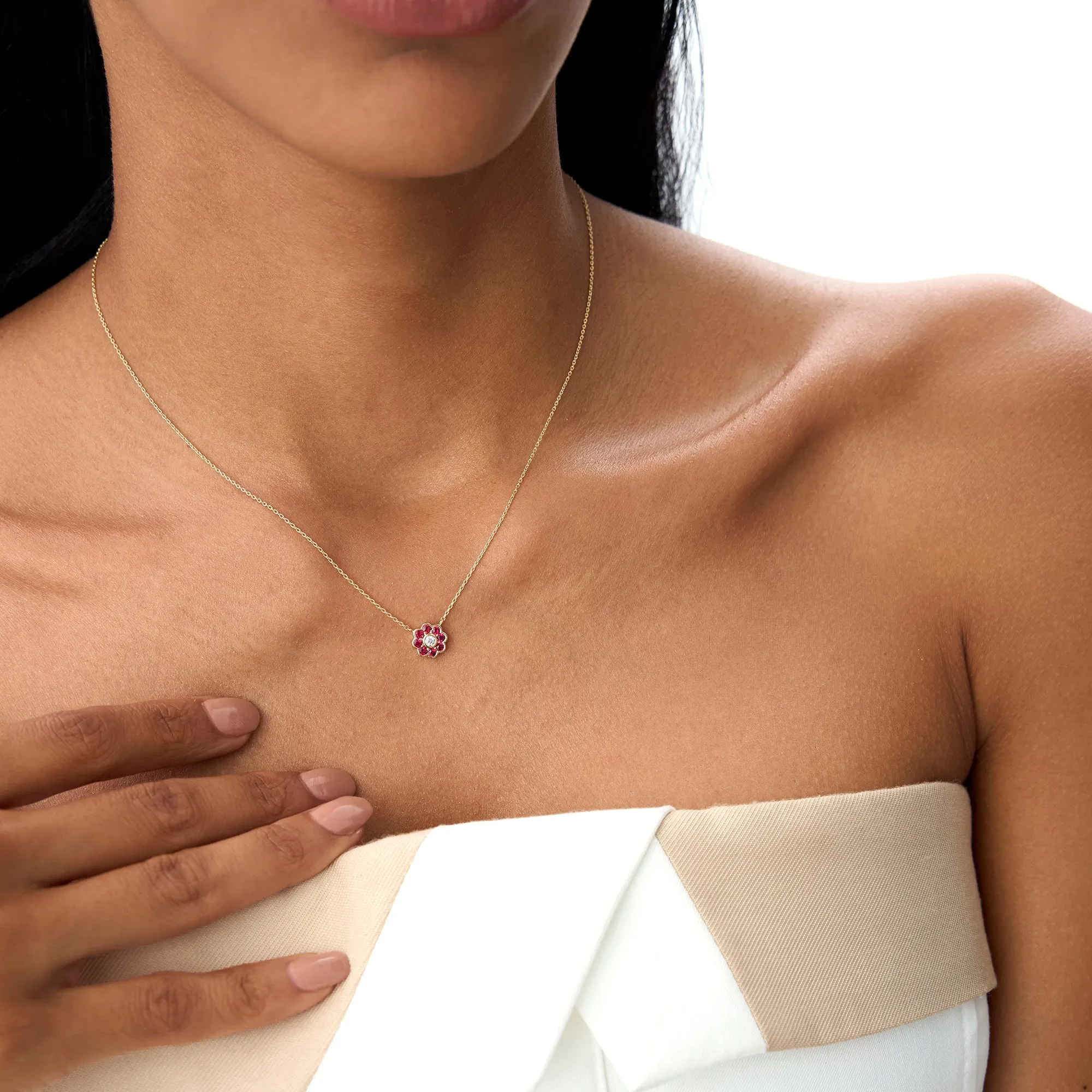 14K Bezel Setting Ruby Flower Diamond Necklace