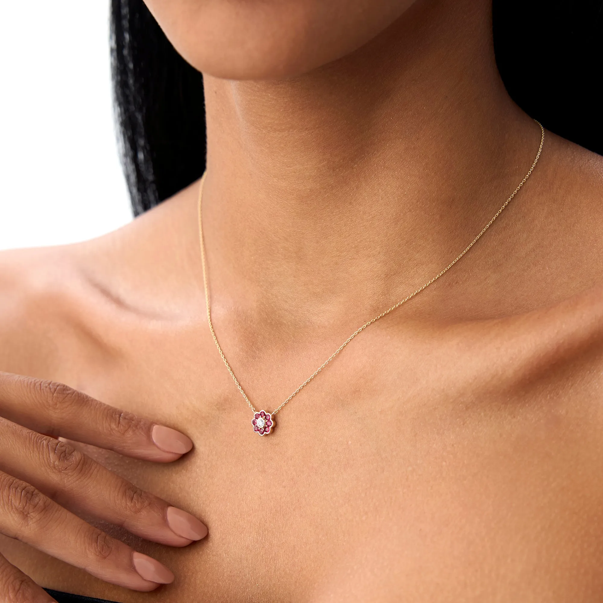 14K Bezel Setting Ruby Flower Diamond Necklace