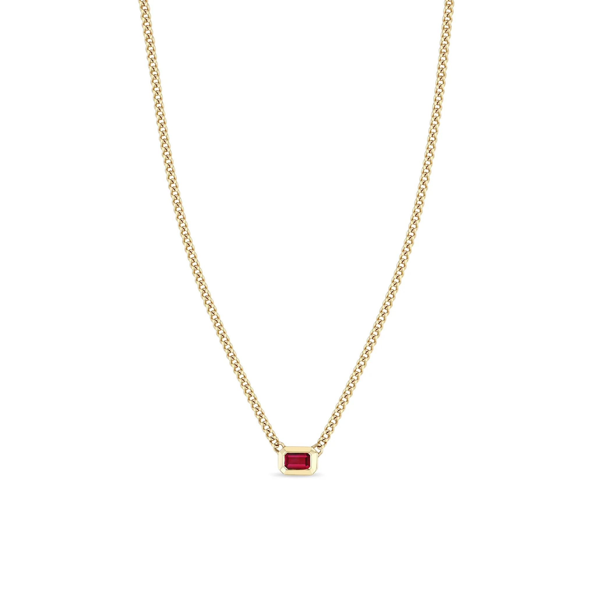 14k Emerald Cut Ruby Bezel XS Curb Chain Necklace