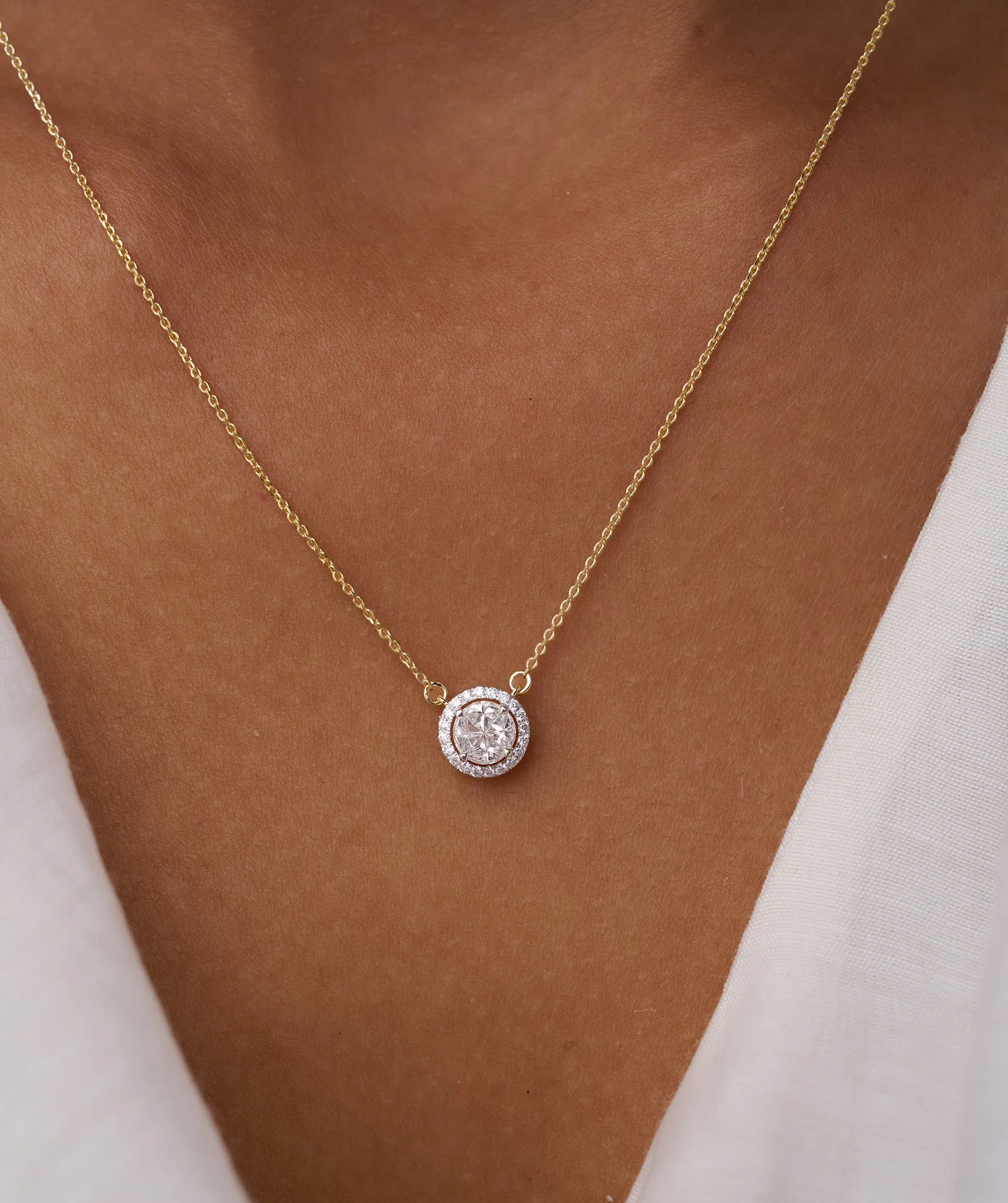 14K Gold Circle Halo Diamond Necklace