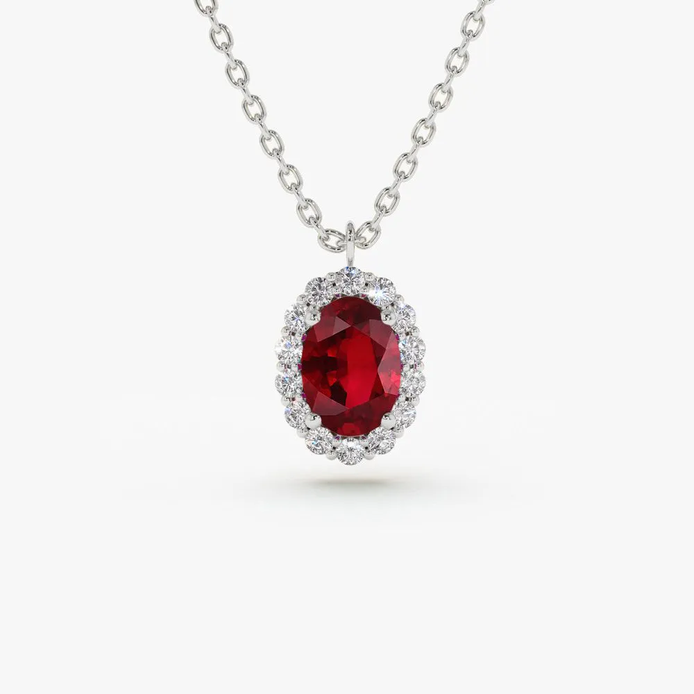 14K Gold Oval Cut Ruby Halo Diamond Necklace
