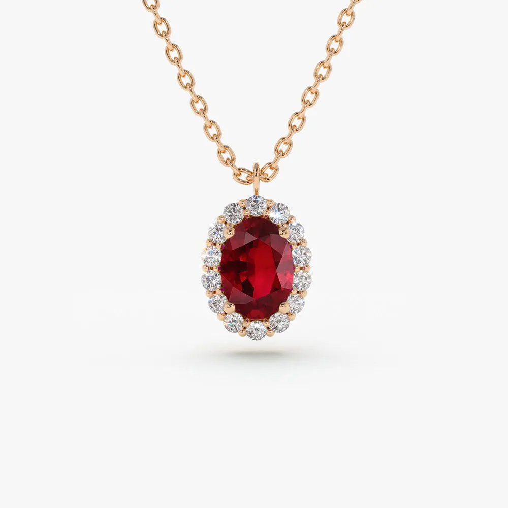 14K Gold Oval Cut Ruby Halo Diamond Necklace