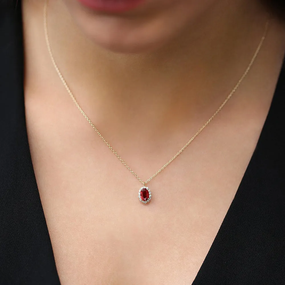 14K Gold Oval Cut Ruby Halo Diamond Necklace