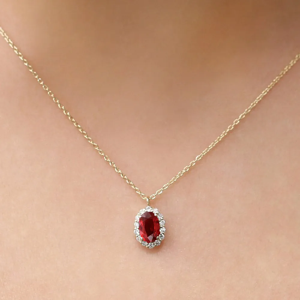 14K Gold Oval Cut Ruby Halo Diamond Necklace