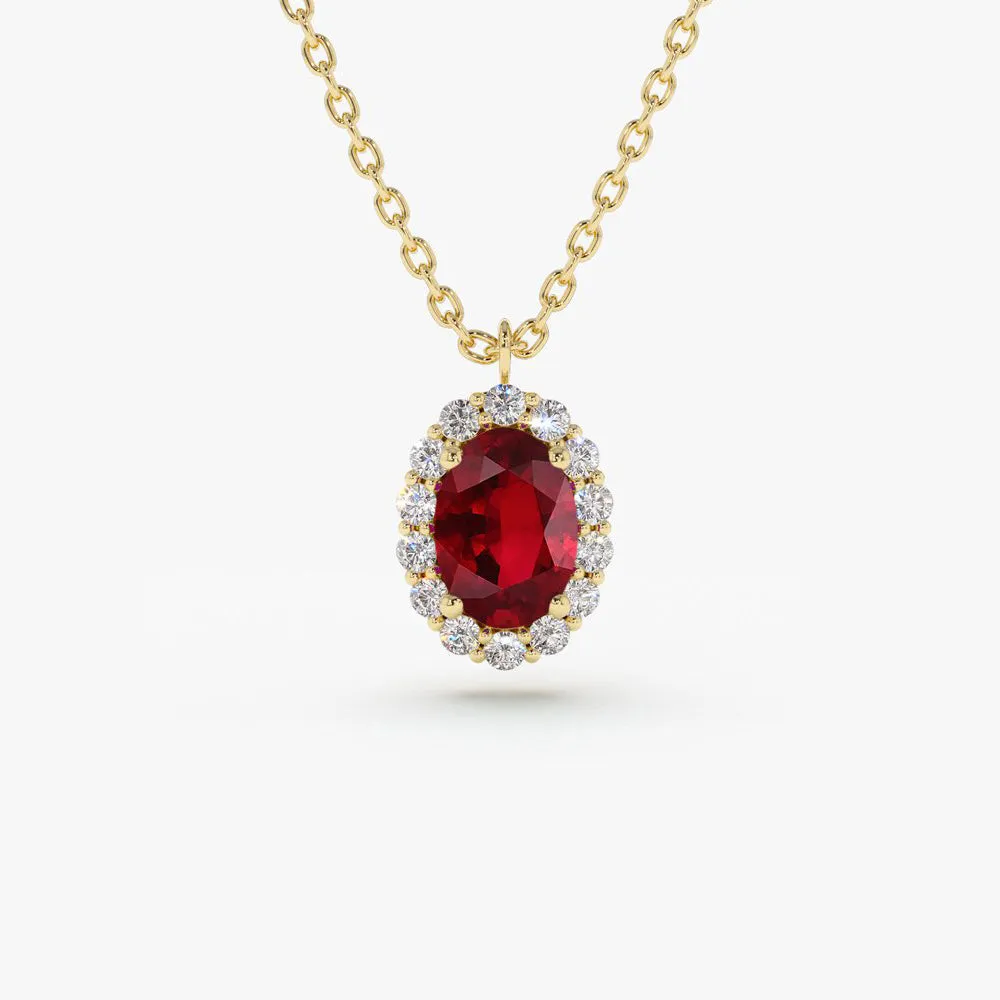 14K Gold Oval Cut Ruby Halo Diamond Necklace