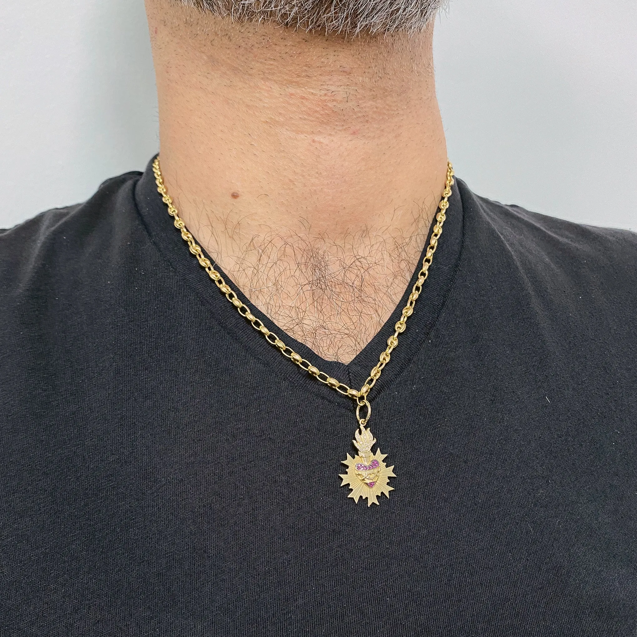 14K Gold Pavé Diamond & Ruby Flaming Sacred Heart Medallion Necklace