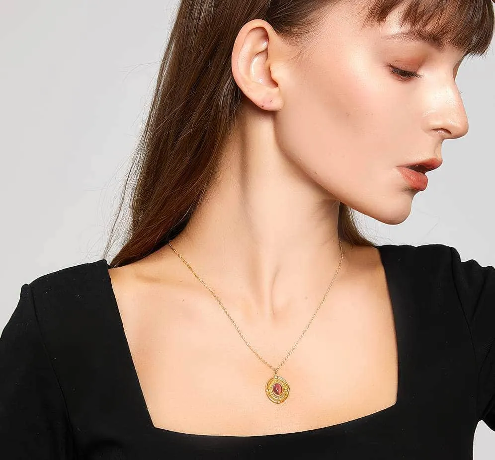 14K Gold Ruby Gemstone Oval Pendant Necklace