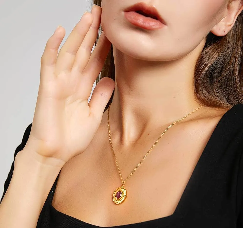 14K Gold Ruby Gemstone Oval Pendant Necklace