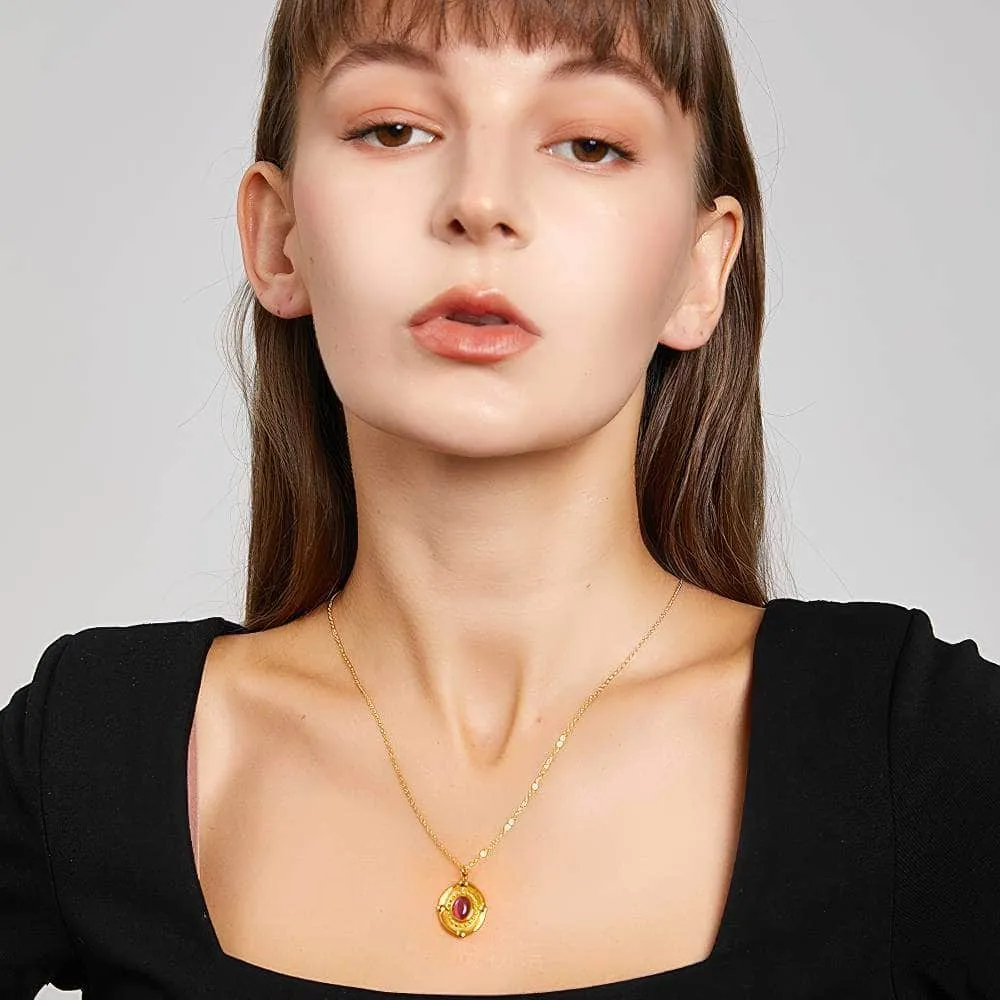 14K Gold Ruby Gemstone Oval Pendant Necklace