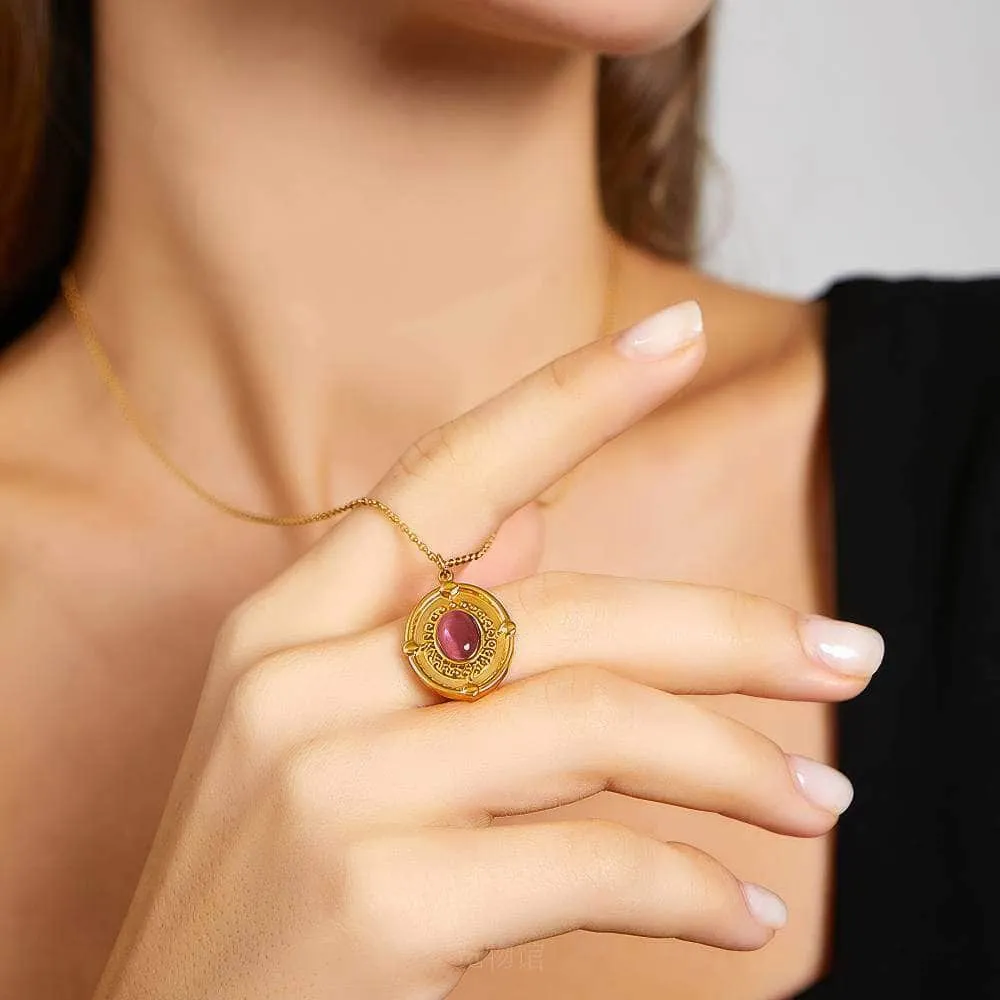 14K Gold Ruby Gemstone Oval Pendant Necklace