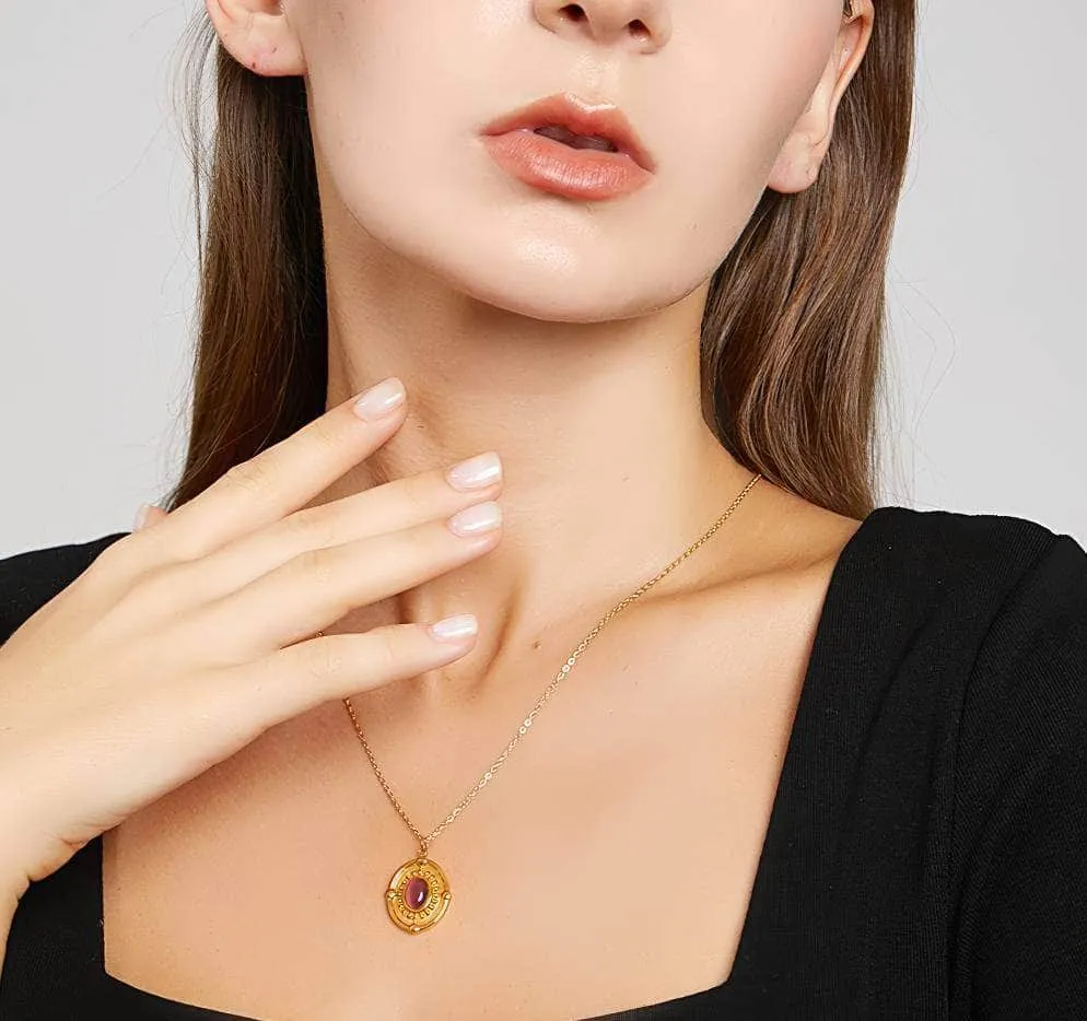 14K Gold Ruby Gemstone Oval Pendant Necklace