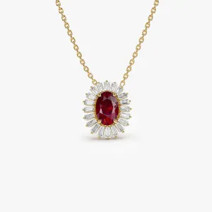 14k Oval Shape Ruby with Baguette Halo Setting Necklace