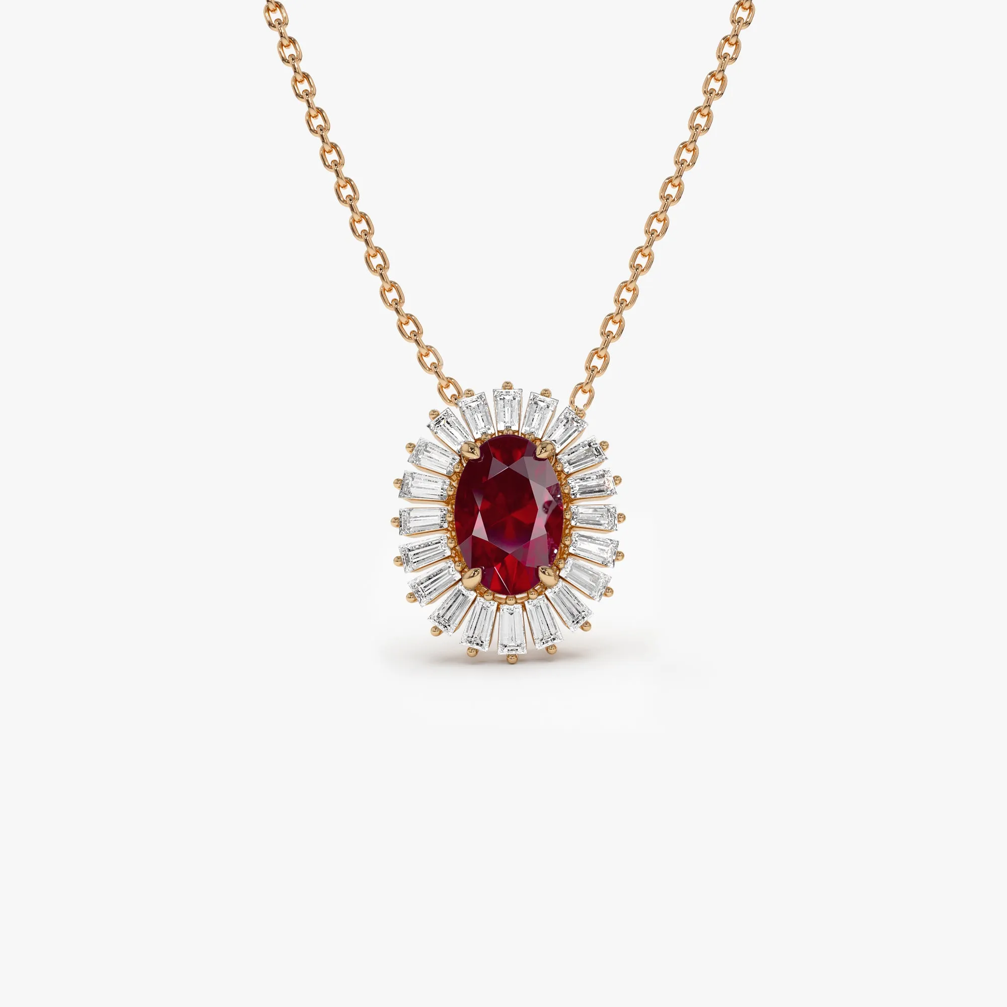 14k Oval Shape Ruby with Baguette Halo Setting Necklace