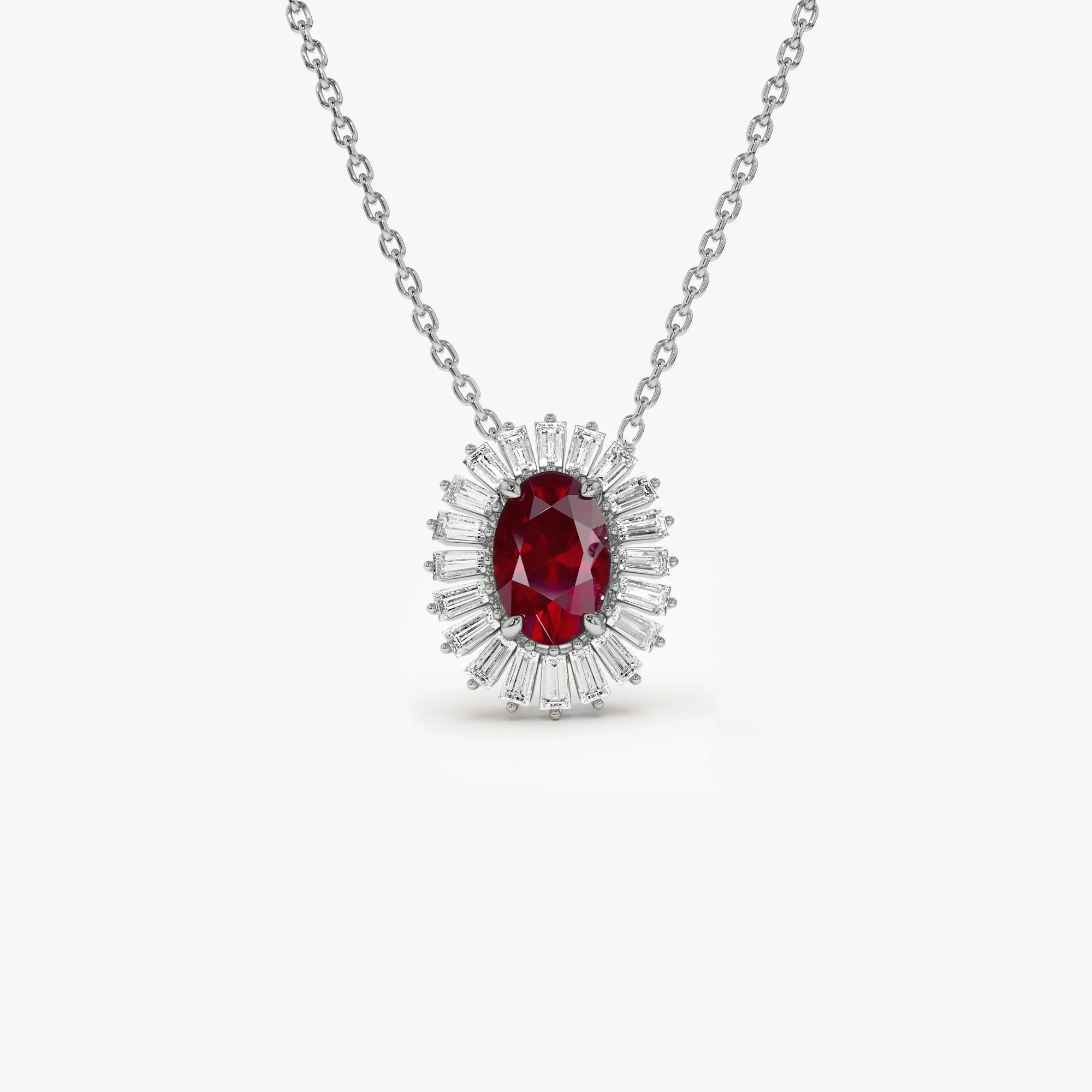14k Oval Shape Ruby with Baguette Halo Setting Necklace