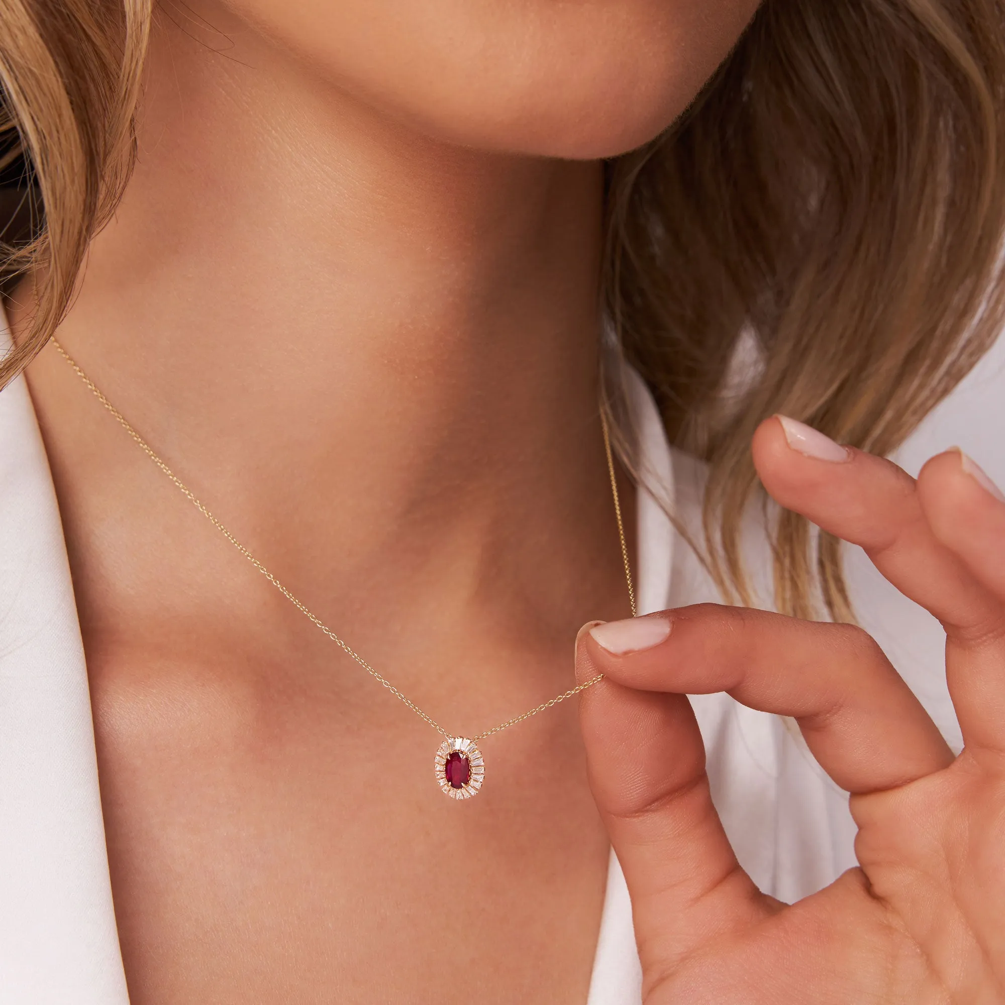 14k Oval Shape Ruby with Baguette Halo Setting Necklace