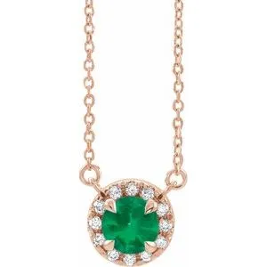 14K Rose 3.5 mm Natural Emerald & .03 CTW Natural Diamond 18" Necklace