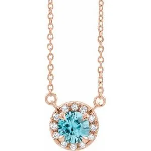 14K Rose 4 mm Natural Blue Zircon & .05 CTW Natural Diamond 16" Necklace
