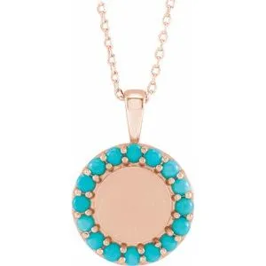 14K Rose Natural Turquoise Engravable Halo-Style 16-18" Necklace