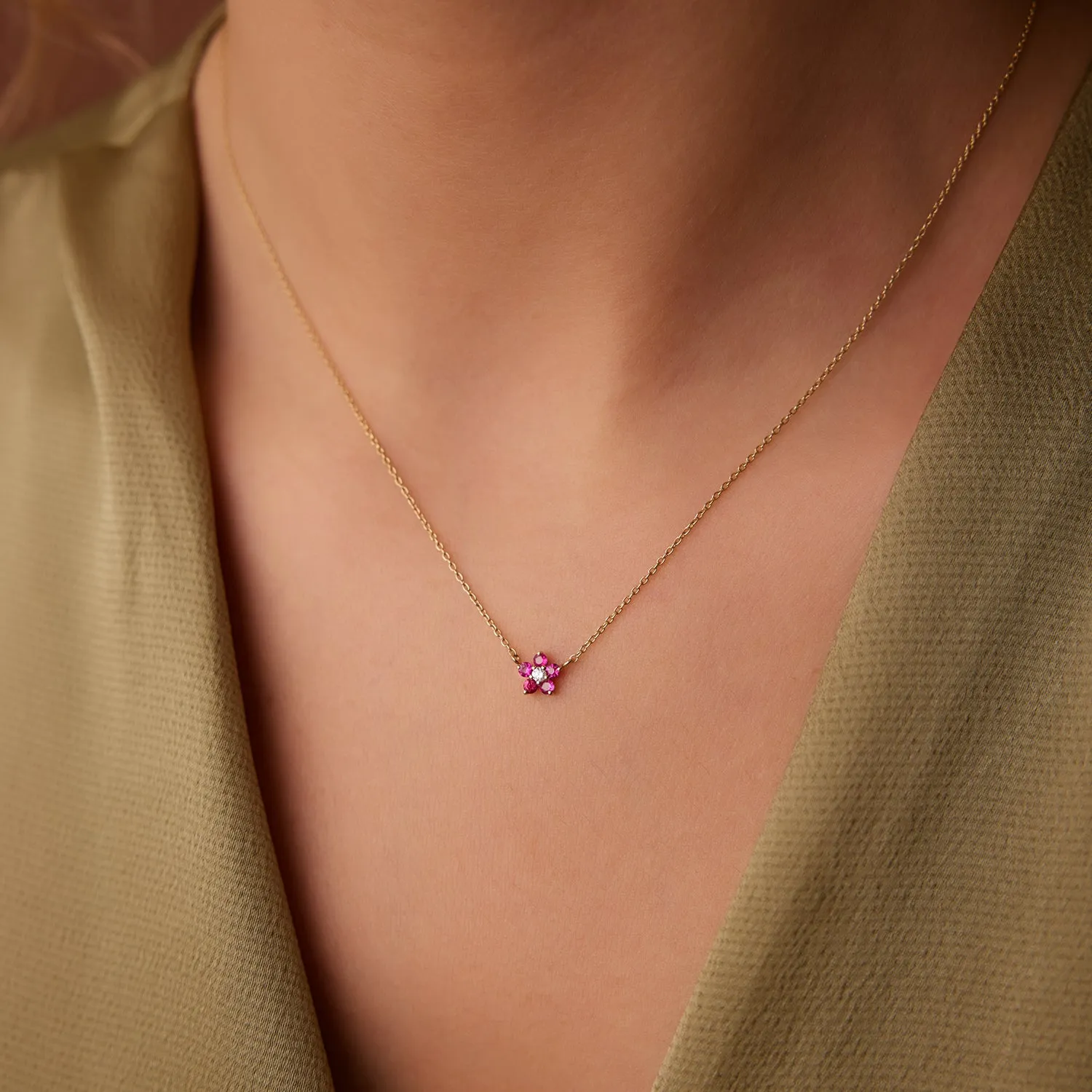 14K Ruby and Diamond Flower Charm Necklace