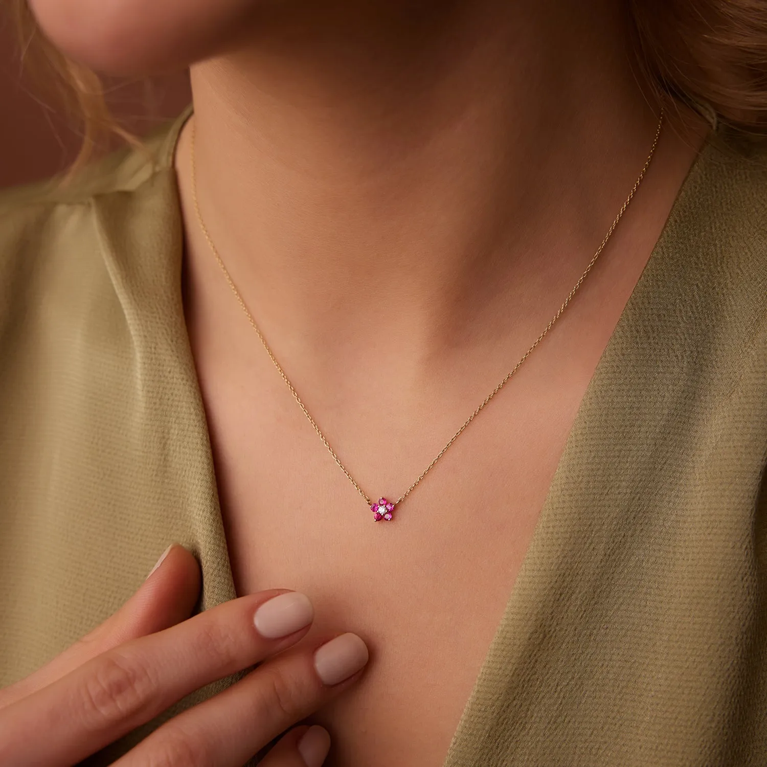 14K Ruby and Diamond Flower Charm Necklace