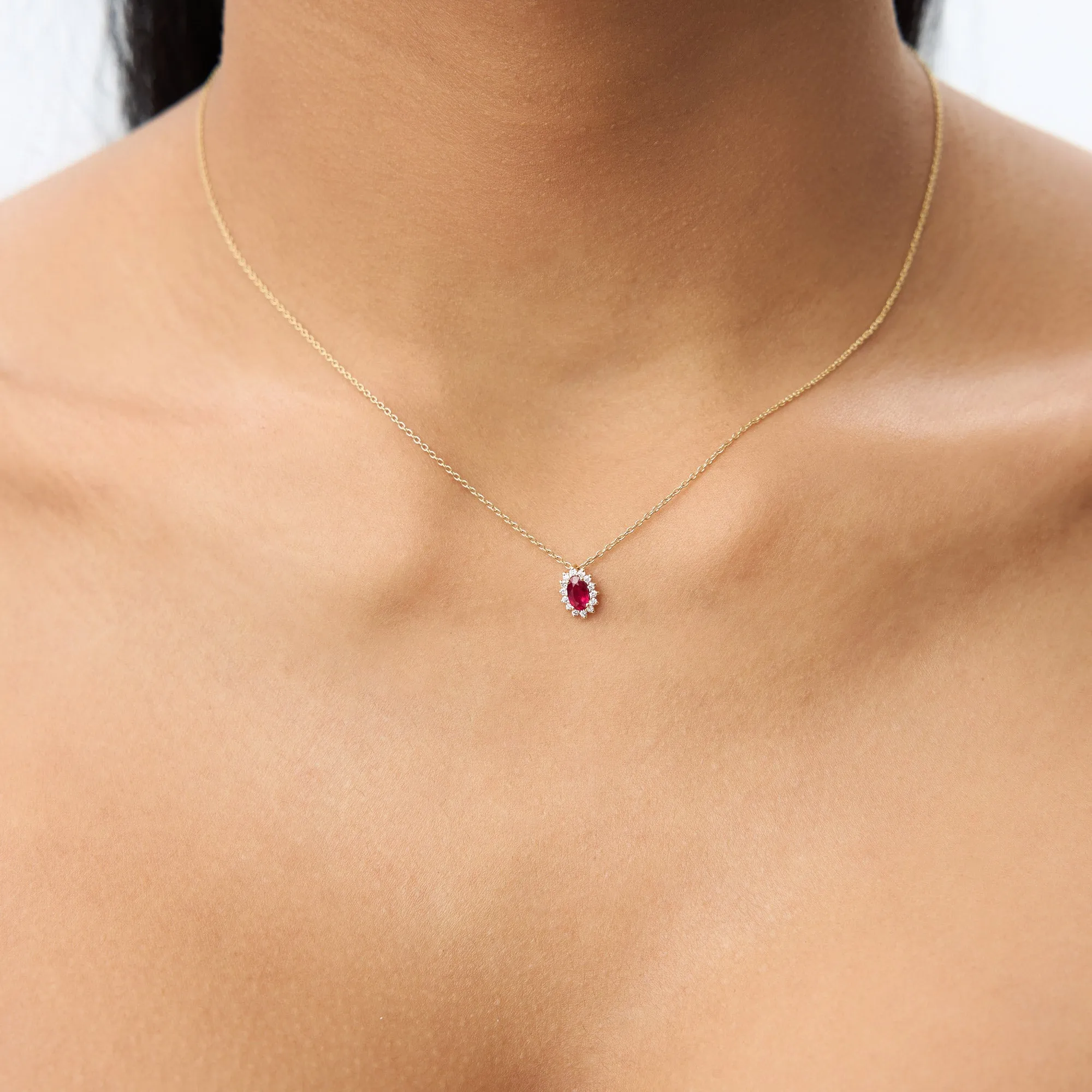 14k Ruby Necklace with Halo Diamonds